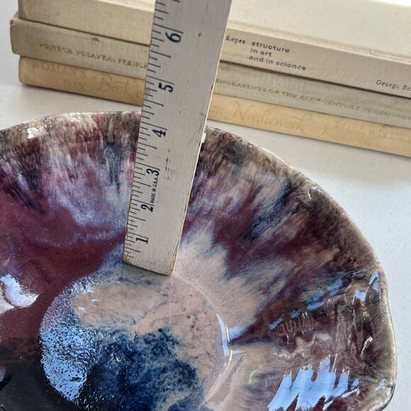 Art Studio Pottery Signed Trinket Dish Bowl Purple Blue Glazed Ruffled Edge - Picture 6 of 12